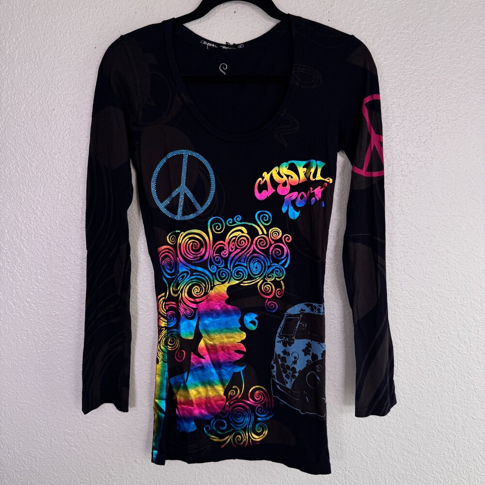 Christian Audigier Crystal Rock Y2K Shirt Women Small Hippie Free Spirit Top NEW